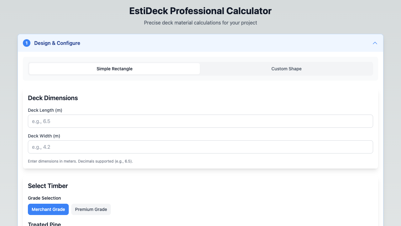 Calculator interface showing deck dimensions input with length and width fields, demonstrating the clean, professional design tool