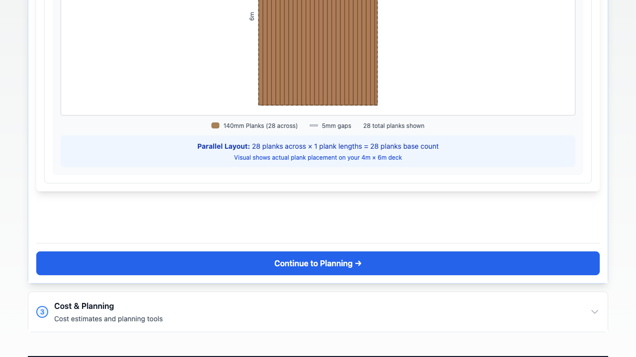Material estimate results showing detailed calculations, linear meters, waste allowances, and professional-grade material quantities